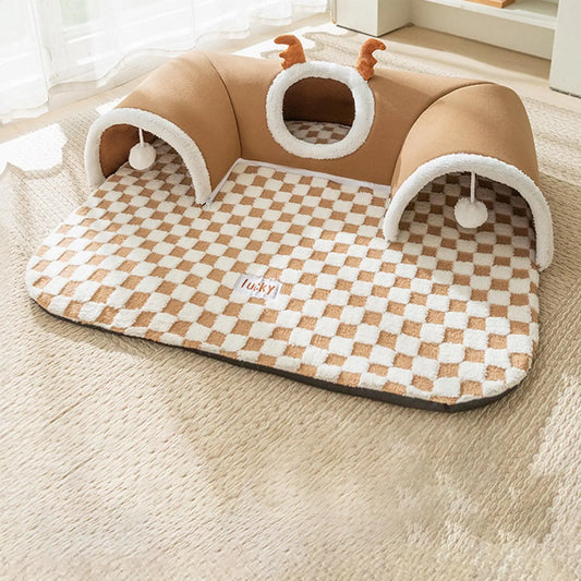 2-in-1 Interactive Cat Tunnel Bed & Warm Resting Mat