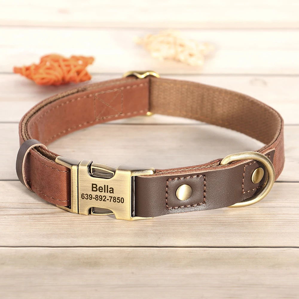 Custom Engraved PU Leather Dog Collar with Personalised ID Plate