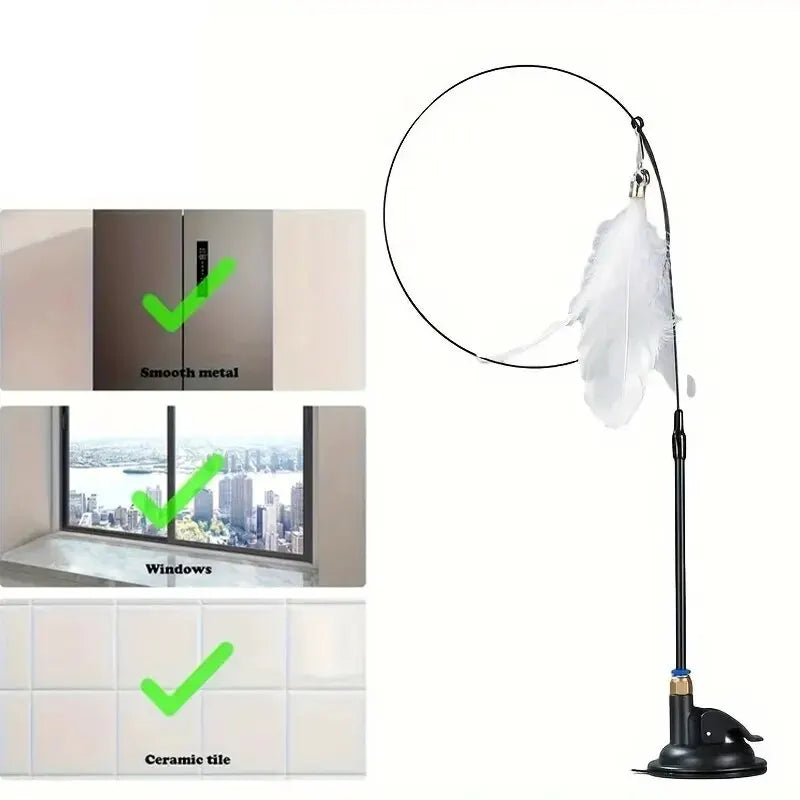 Interactive Suction Cup Cat Teaser Wand Toy with Feathers & Bell