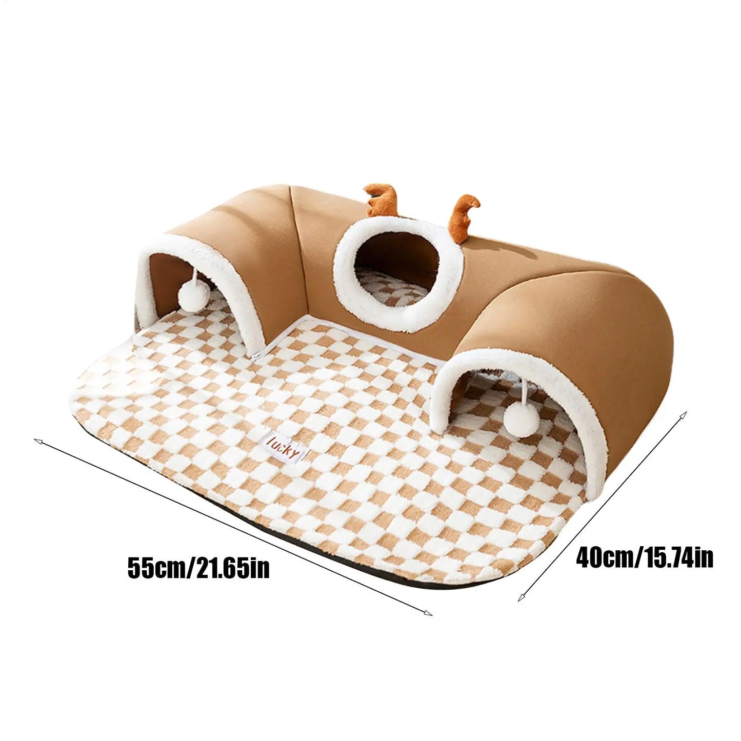 2-in-1 Interactive Cat Tunnel Bed & Warm Resting Mat