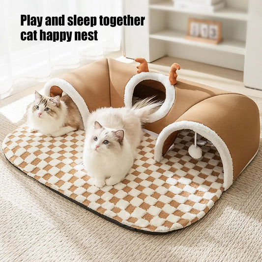 2-in-1 Interactive Cat Tunnel Bed & Warm Resting Mat