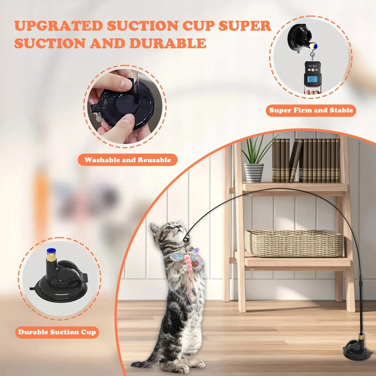Interactive Suction Cup Cat Teaser Wand Toy with Feathers & Bell