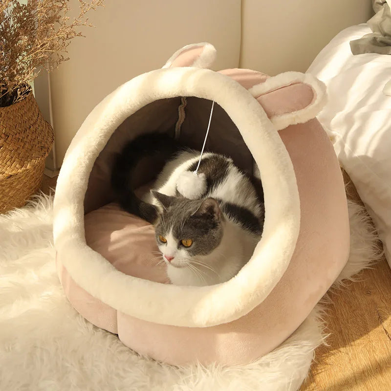 Deep Sleep Foldable Cartoon Cat Cave Bed & Washable Pet Mat