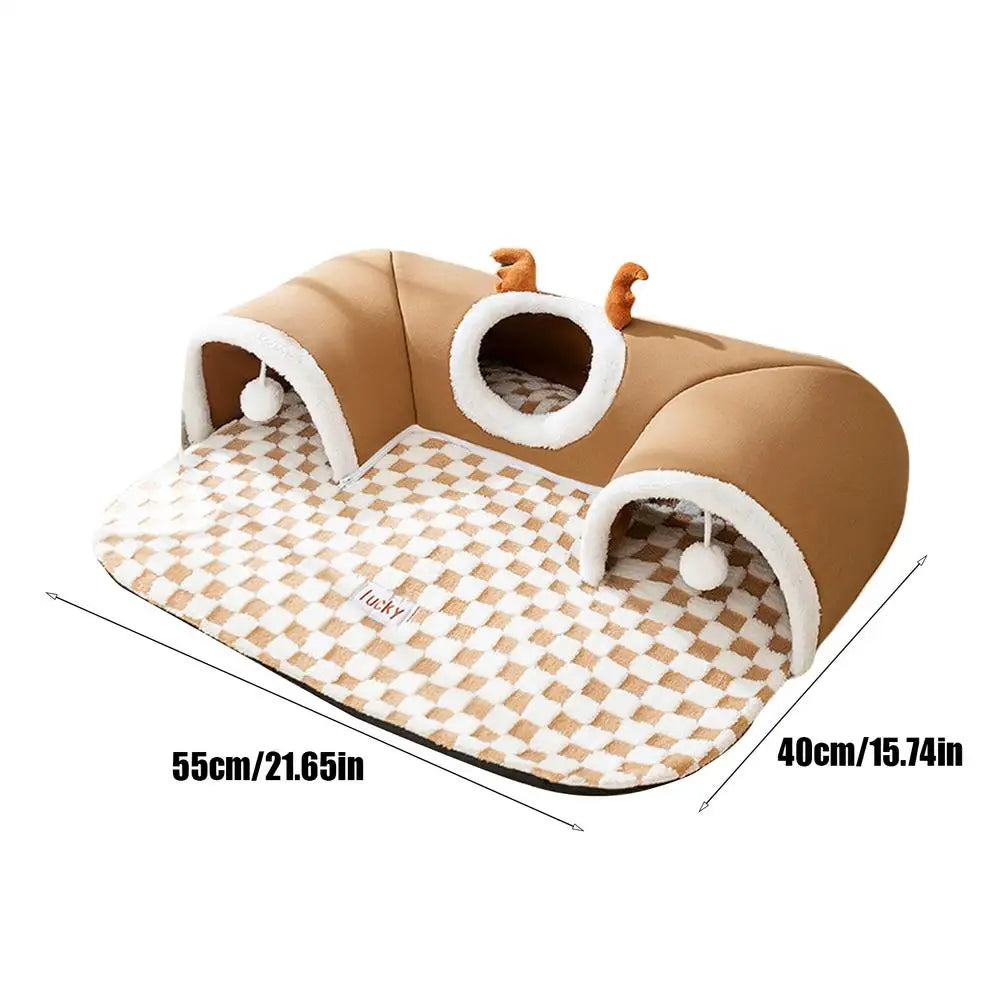 2-in-1 Interactive Cat Tunnel Bed & Warm Resting Mat