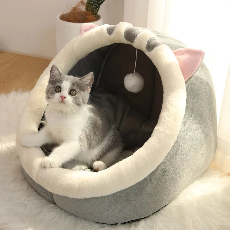 Deep Sleep Foldable Cartoon Cat Cave Bed & Washable Pet Mat