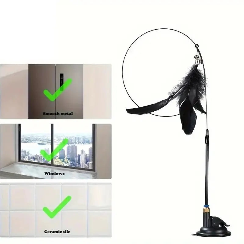 Interactive Suction Cup Cat Teaser Wand Toy with Feathers & Bell
