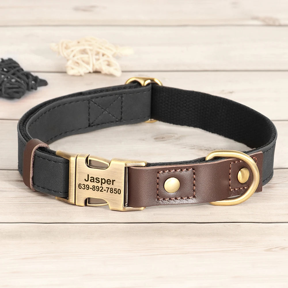 Custom Engraved PU Leather Dog Collar with Personalised ID Plate