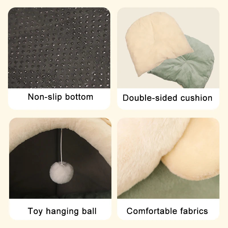Deep Sleep Foldable Cartoon Cat Cave Bed & Washable Pet Mat