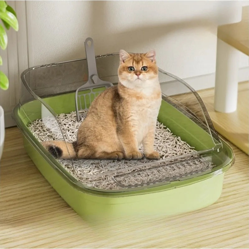 Semi-Covered Anti-Tracking Plastic Cat Litter Box with Scoop