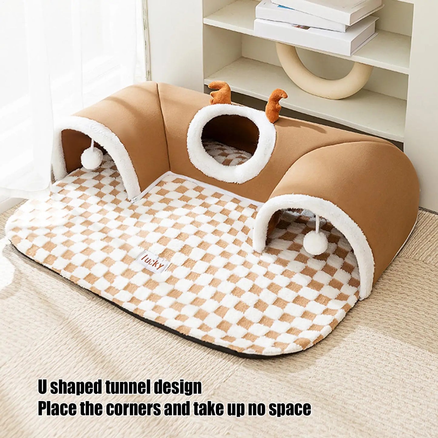 2-in-1 Interactive Cat Tunnel Bed & Warm Resting Mat
