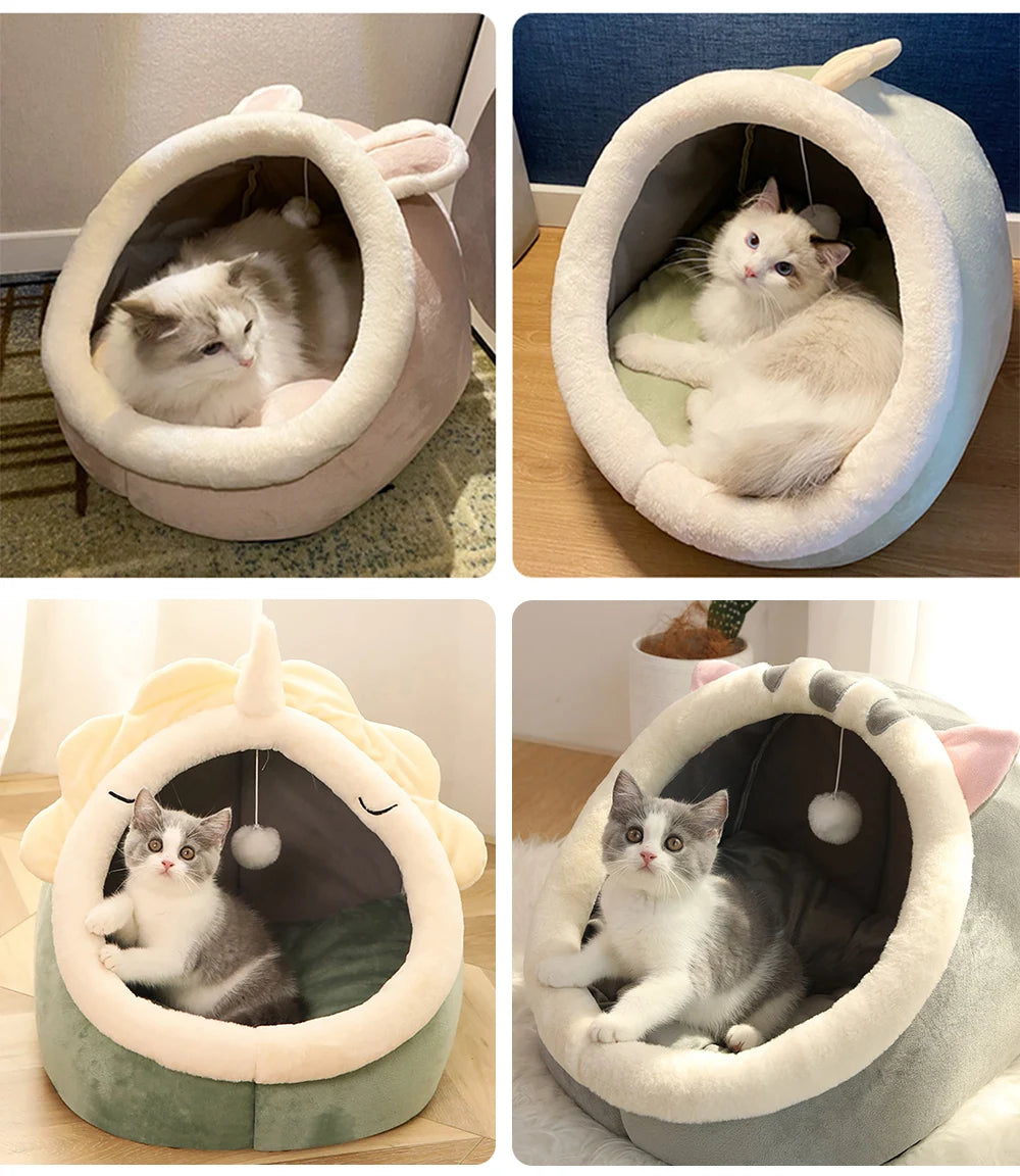 Deep Sleep Foldable Cartoon Cat Cave Bed & Washable Pet Mat