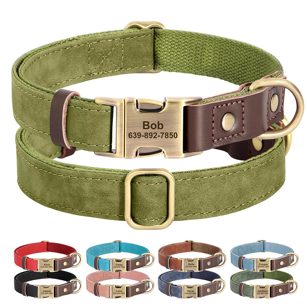Custom Engraved PU Leather Dog Collar with Personalised ID Plate