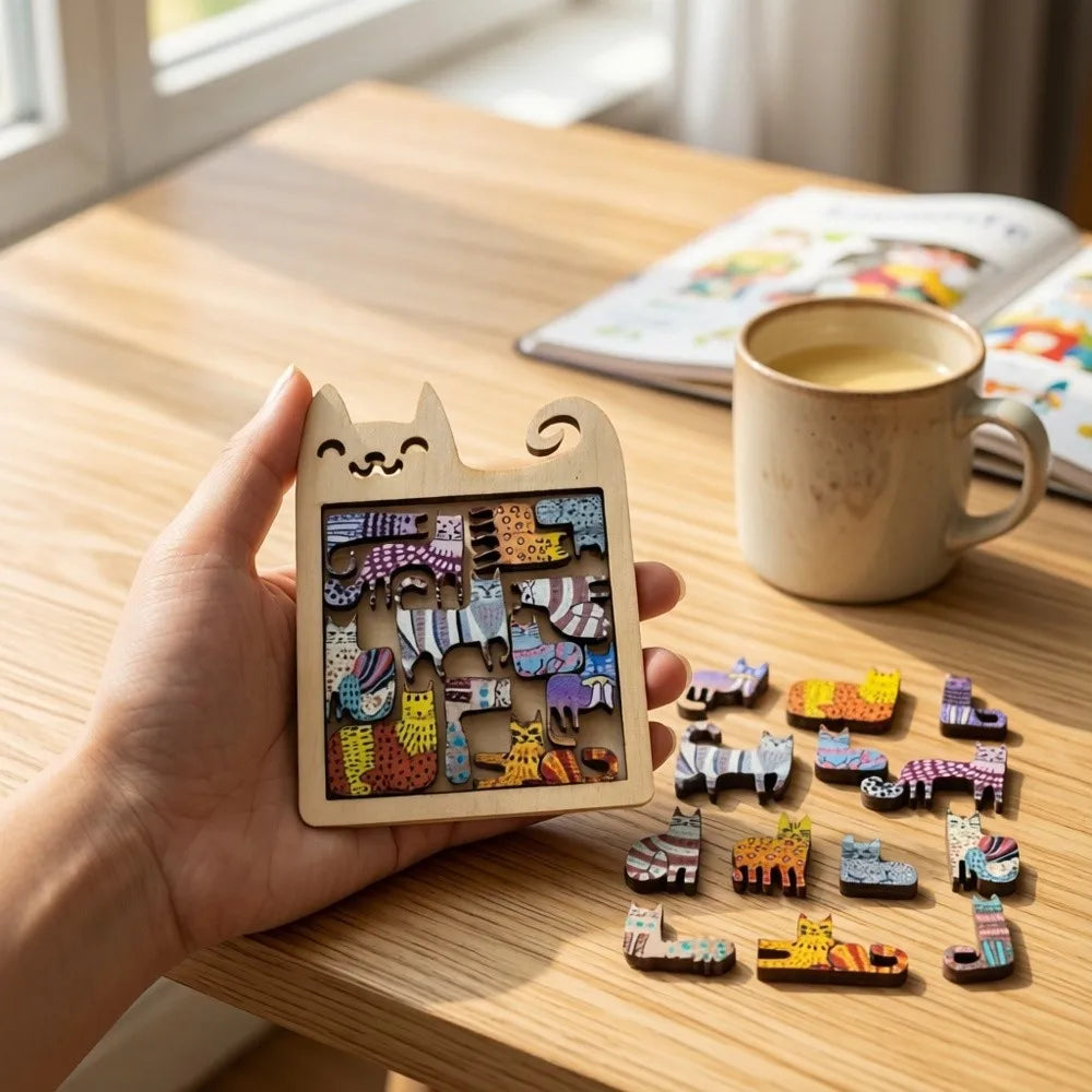 Cute Wooden Cat-Shaped Challenging Jigsaw Puzzle Toy