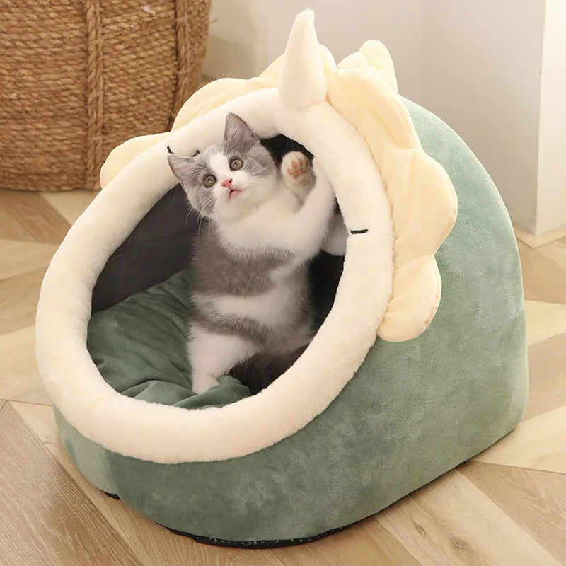 Deep Sleep Foldable Cartoon Cat Cave Bed & Washable Pet Mat