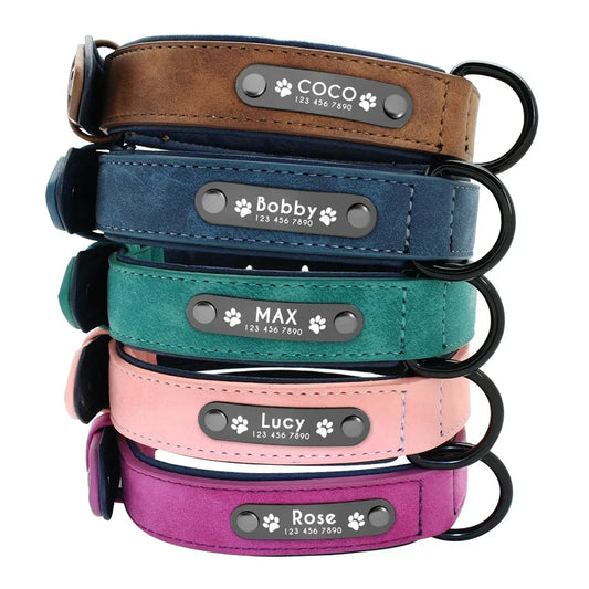 Custom Personalized Leather Dog Collar with Name ID Tag