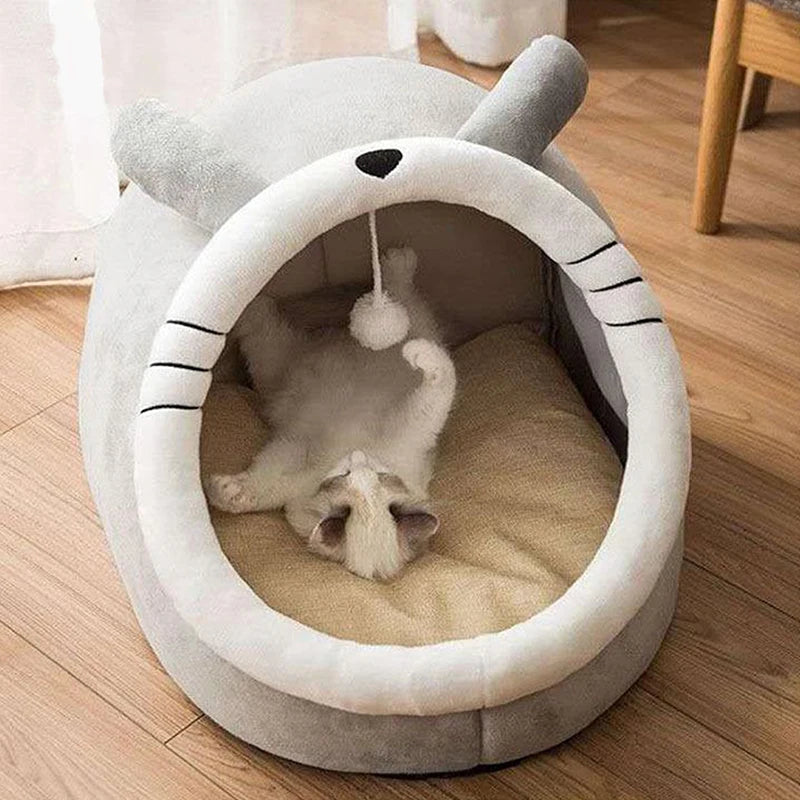 Deep Sleep Foldable Cartoon Cat Cave Bed & Washable Pet Mat