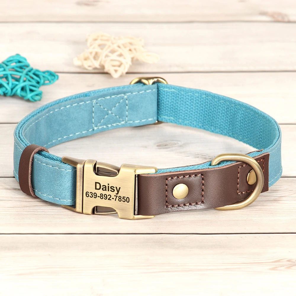 Custom Engraved PU Leather Dog Collar with Personalised ID Plate