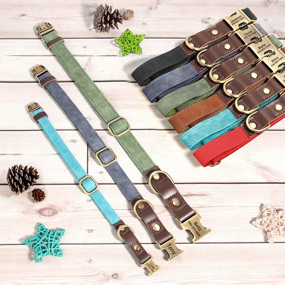 Custom Engraved PU Leather Dog Collar with Personalised ID Plate