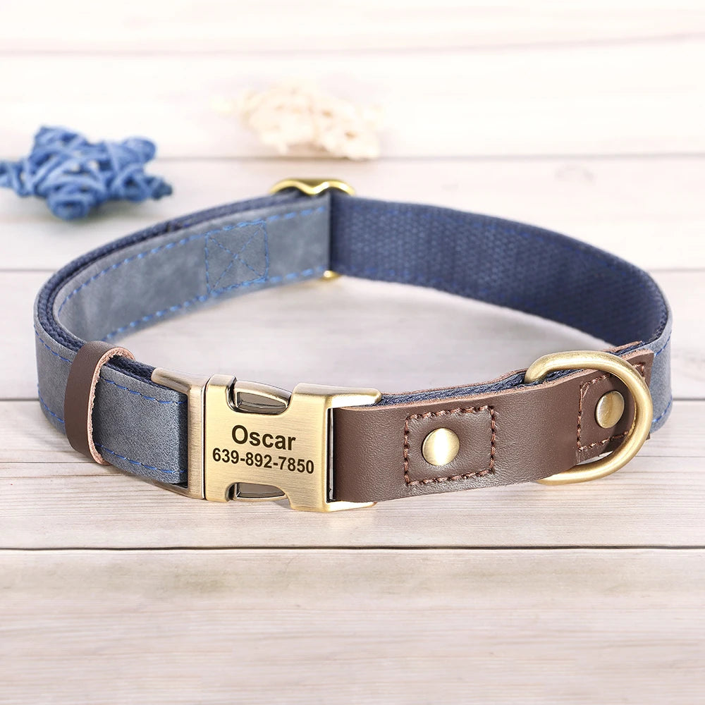 Custom Engraved PU Leather Dog Collar with Personalised ID Plate