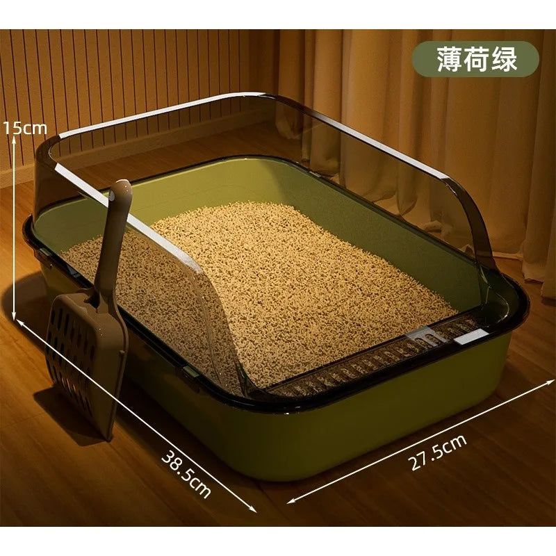 Semi-Covered Anti-Tracking Plastic Cat Litter Box with Scoop
