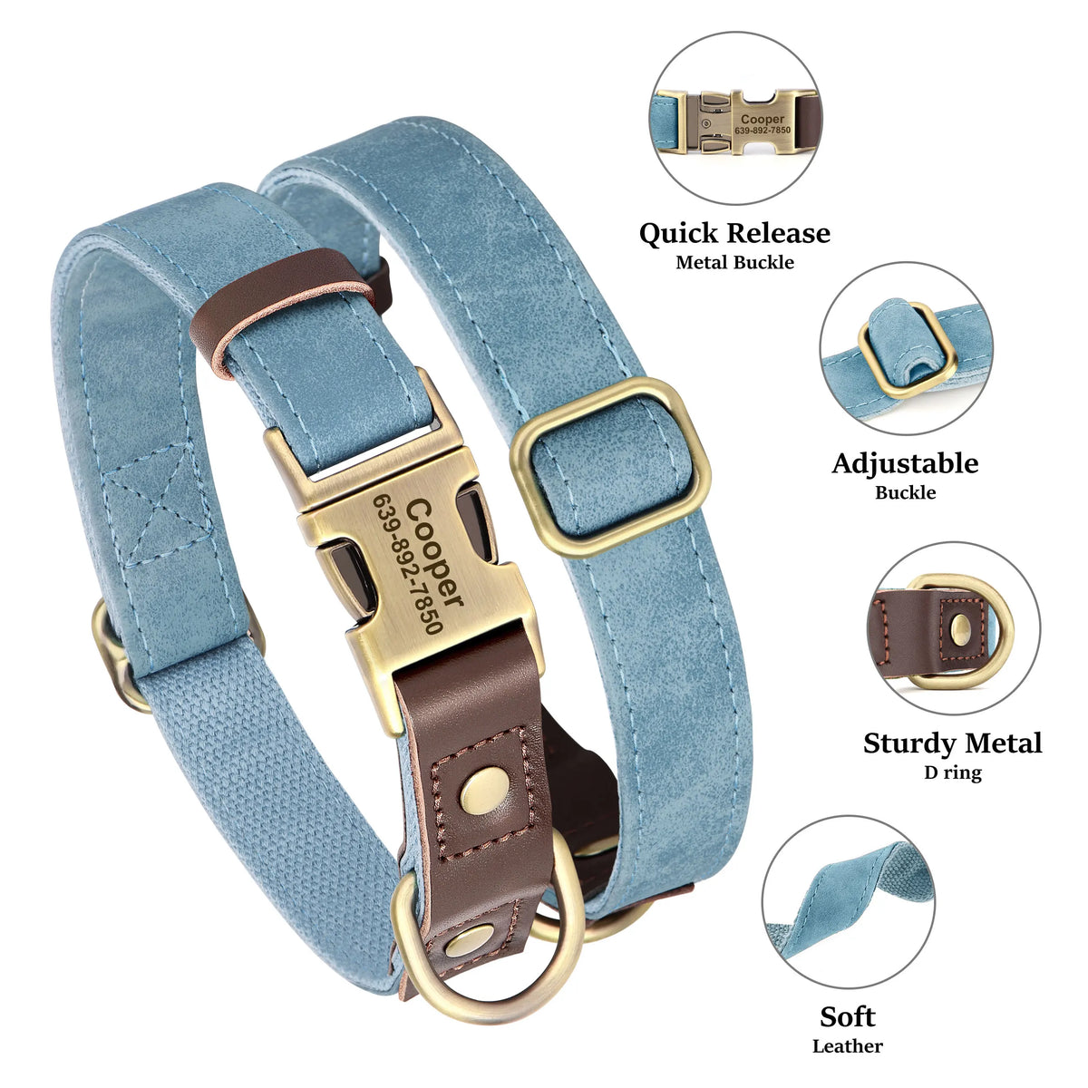 Custom Engraved PU Leather Dog Collar with Personalised ID Plate