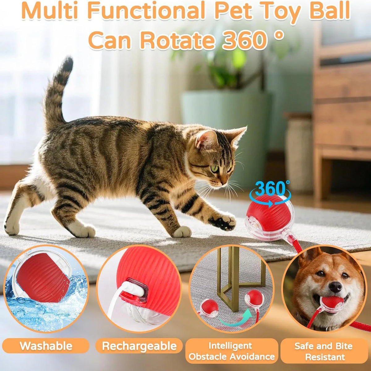 Automatic Rolling & Interactive Smart Cat Toy Ball with Faux Tail