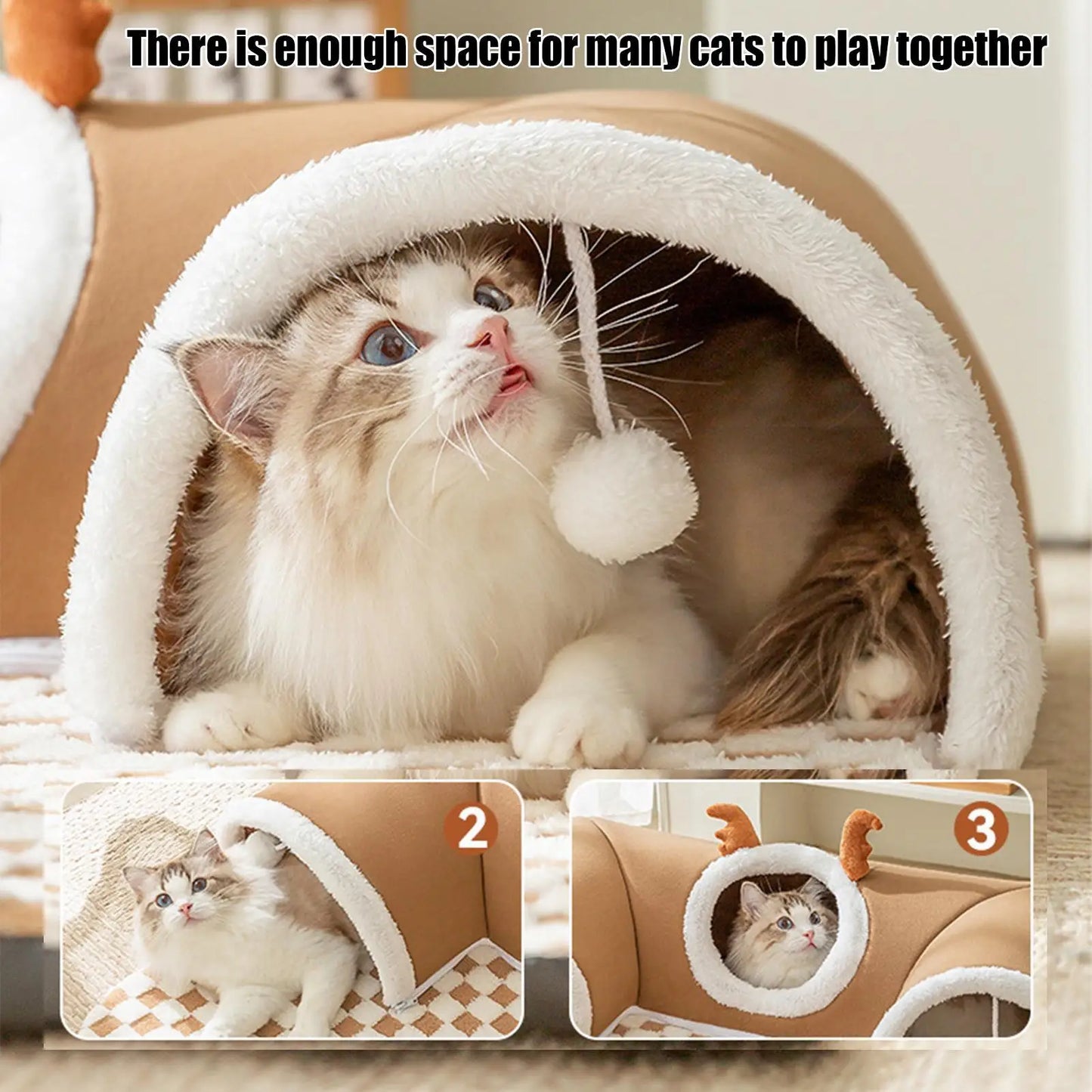 2-in-1 Interactive Cat Tunnel Bed & Warm Resting Mat