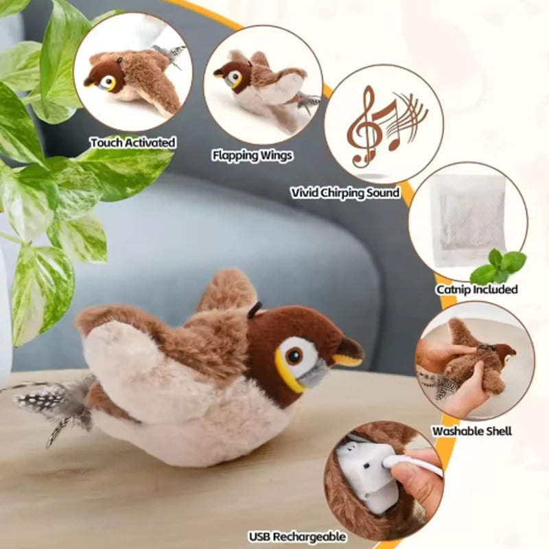 Interactive Touch-Activated Flapping & Chirping Electronic Bird Cat Toy